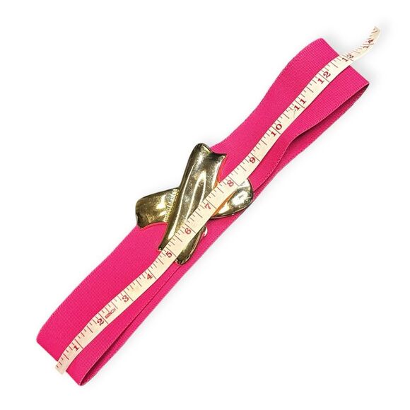 VINTAGE MOTION EAST Women’s Hot Pink Elastic Waist Belt Gold Tone X Buckle 1980s - Picture 2 of 4